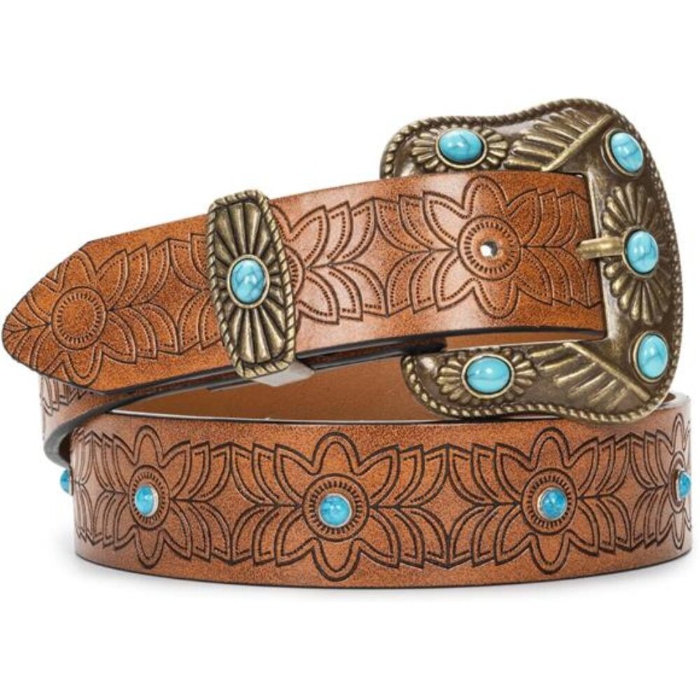 Brown Floral Embossed Belt with Turquoise Accents
